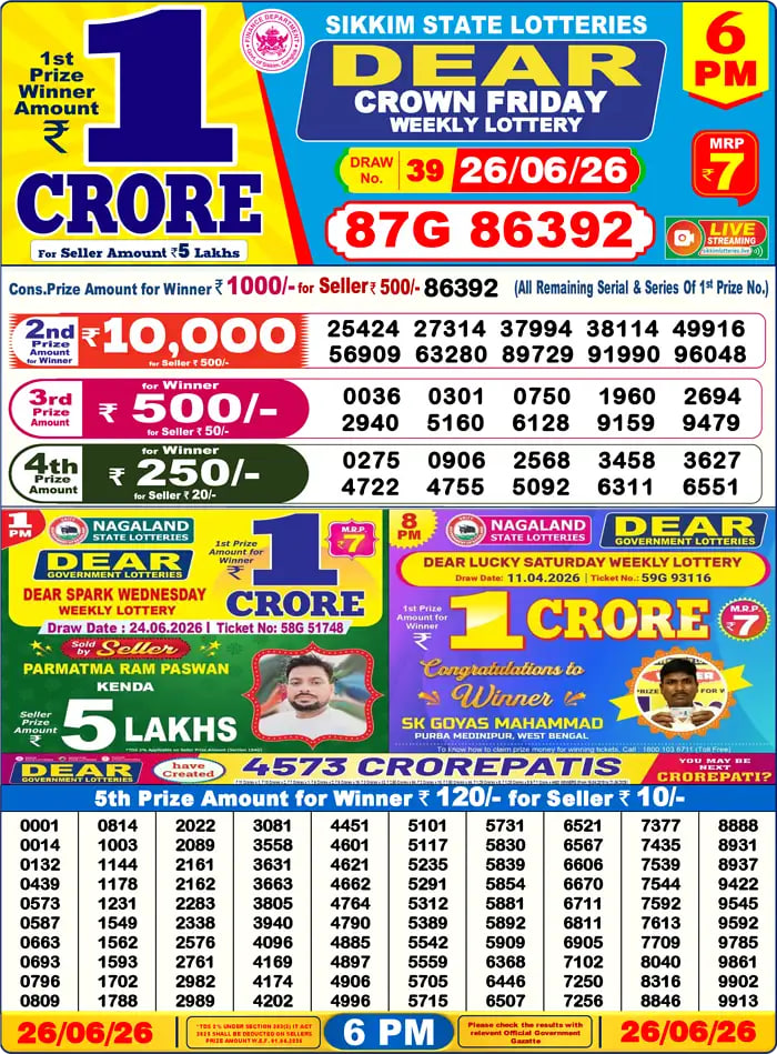 Dear Lottery Result 6&nbsp;PM – Live Draw Image