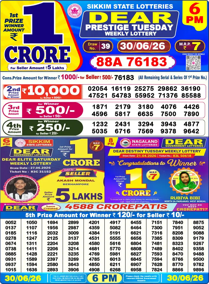 Dear Lottery6 PM Result