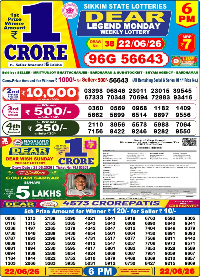 Dear Lottery Result 6&nbsp;PM – Live Draw Image