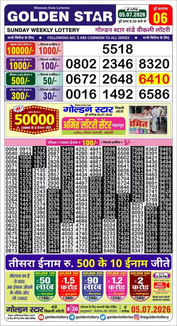 Golden-Star Weekly Lottery Result-8:30 pm