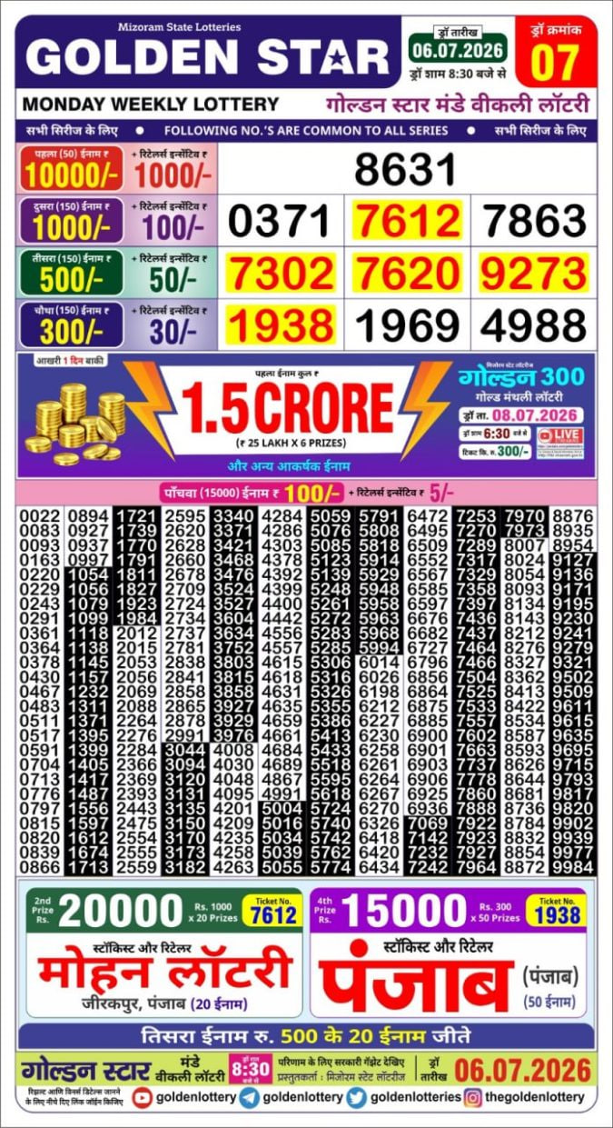 Golden-Star Weekly Lottery Result-8:30 pm