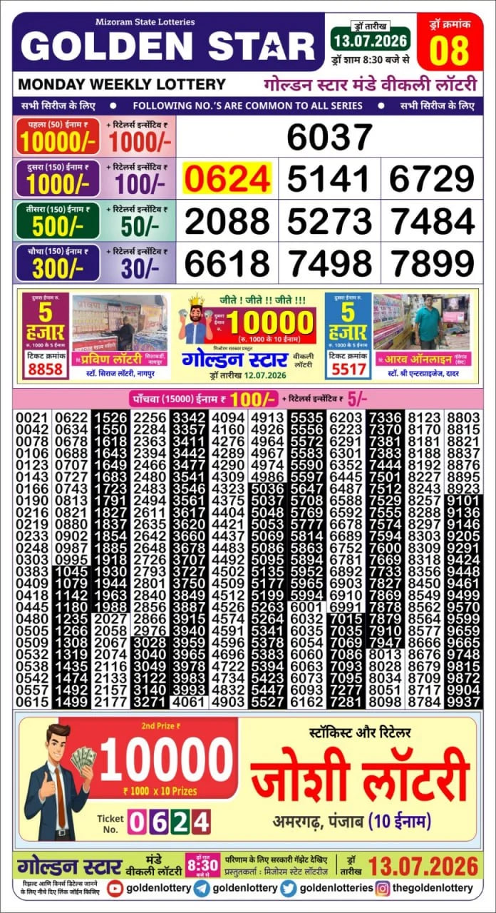 Golden-Star Weekly Lottery Result-8:30 pm