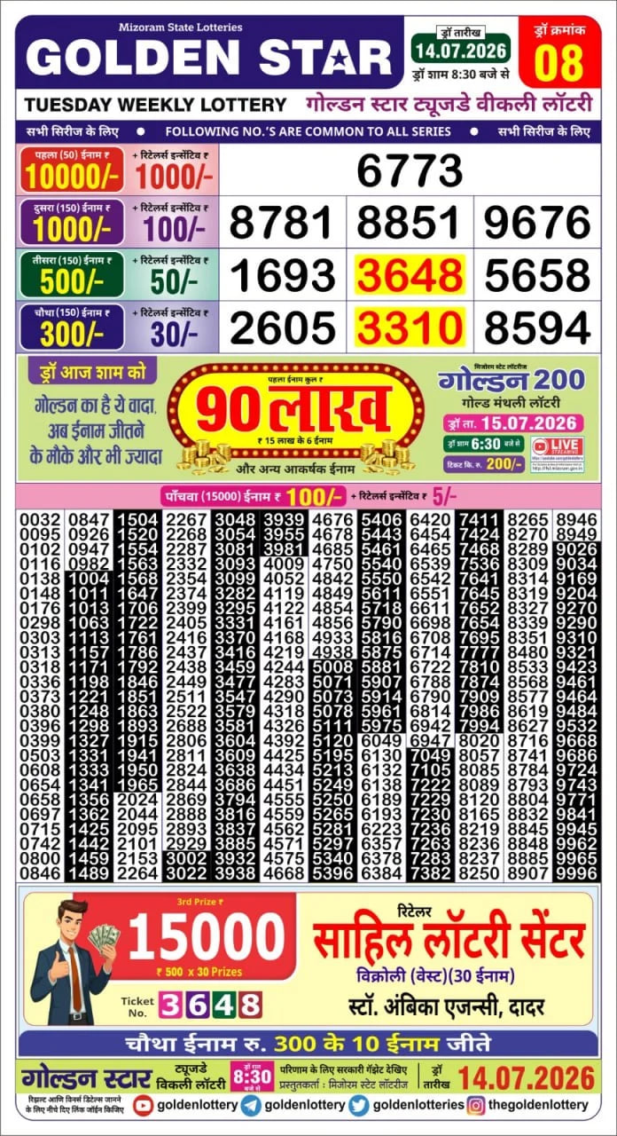 Golden-Star Weekly Lottery Result-8:30 pm