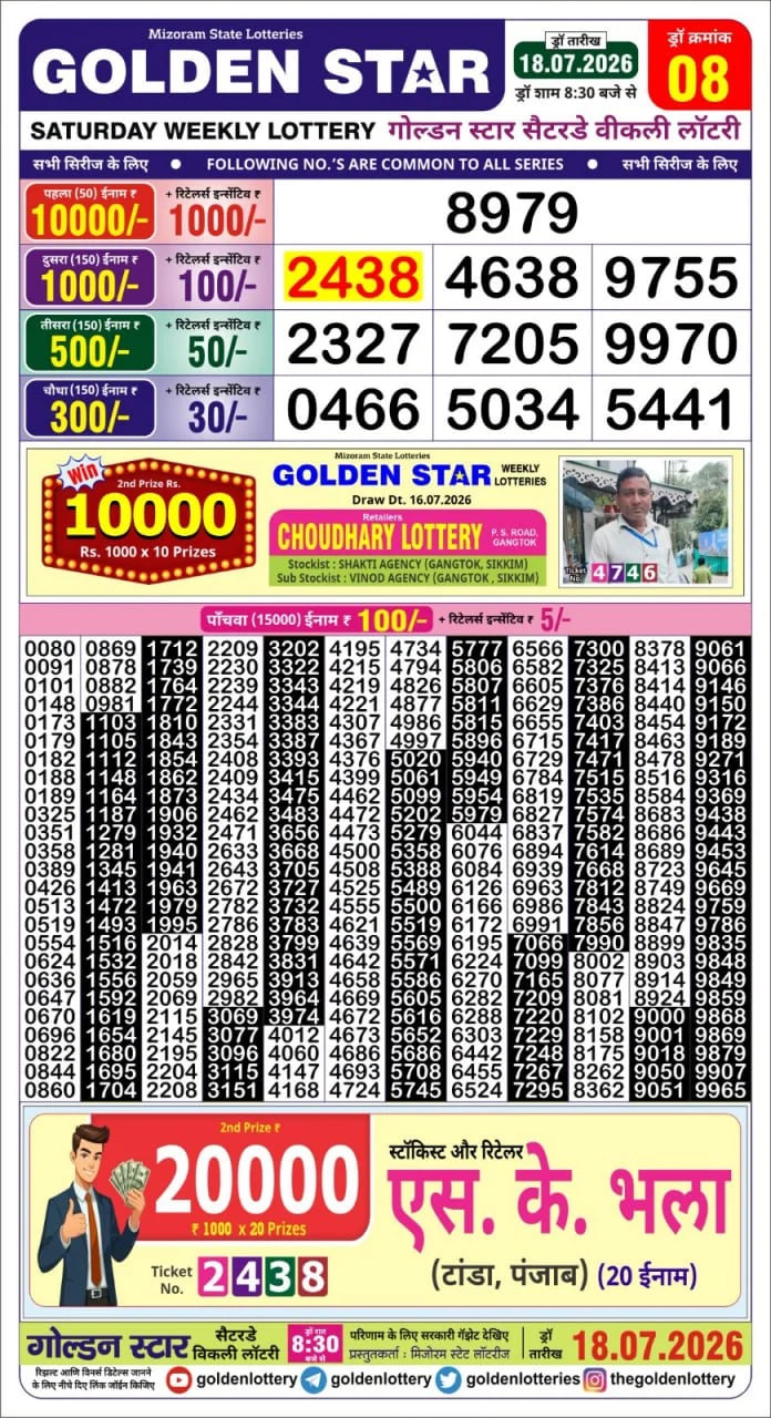 Golden-Star Weekly Lottery Result-8:30 pm