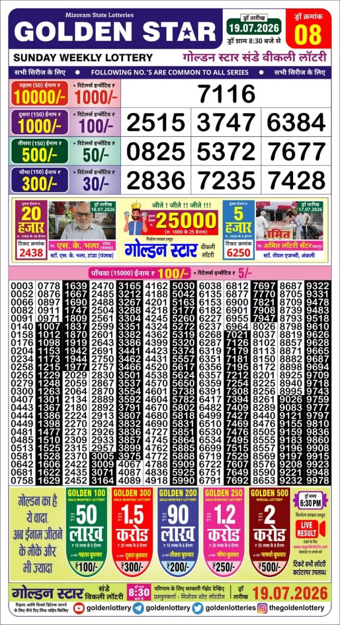 Golden-Star Weekly Lottery Result-8:30 pm