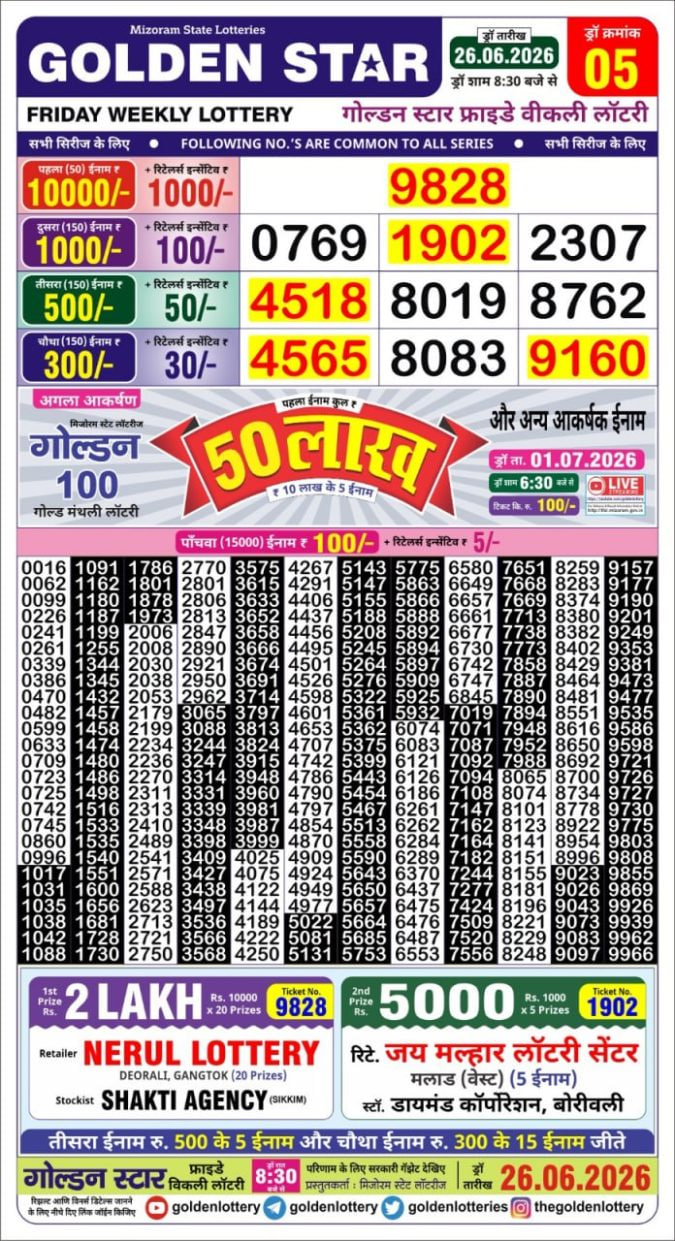 Golden-Star Weekly Lottery Result-8:30 pm