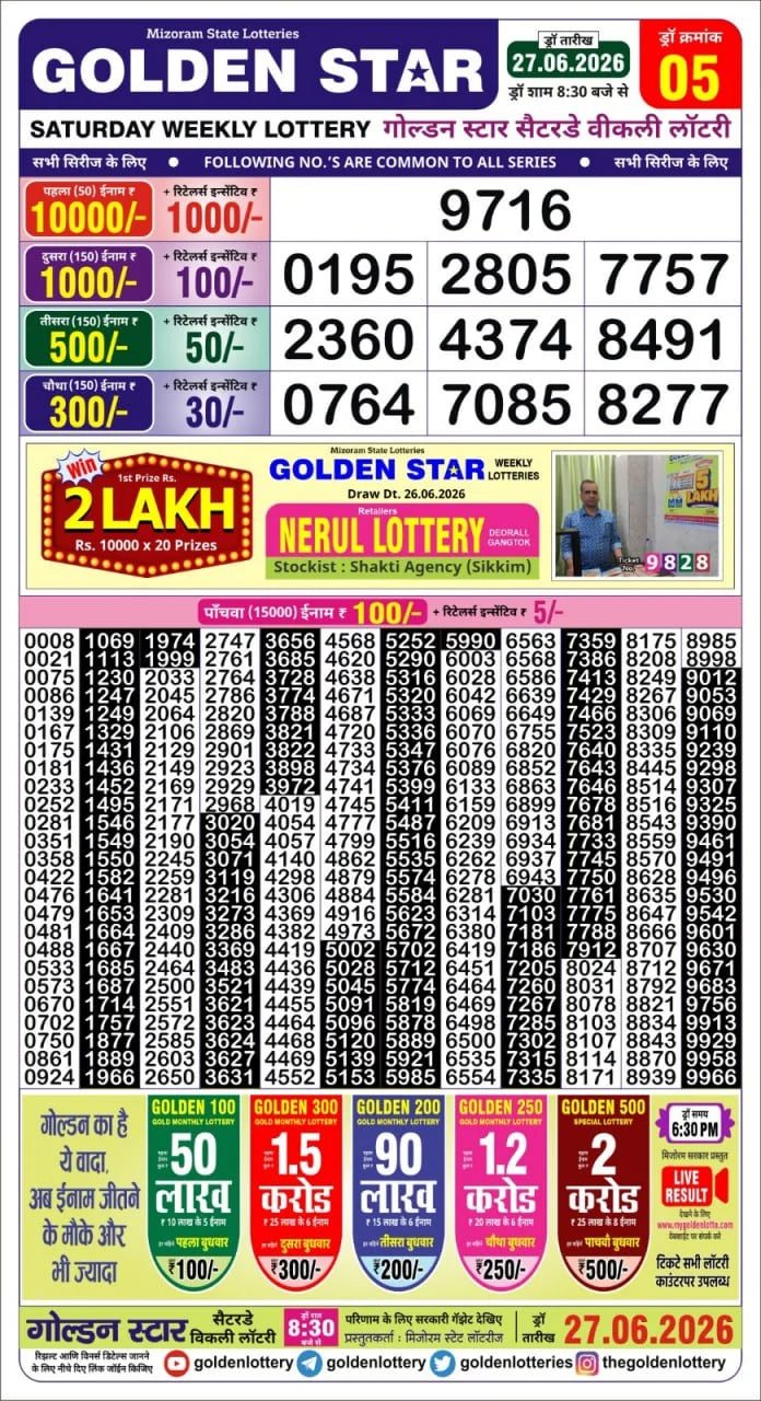 Golden-Star Weekly Lottery Result-8:30 pm