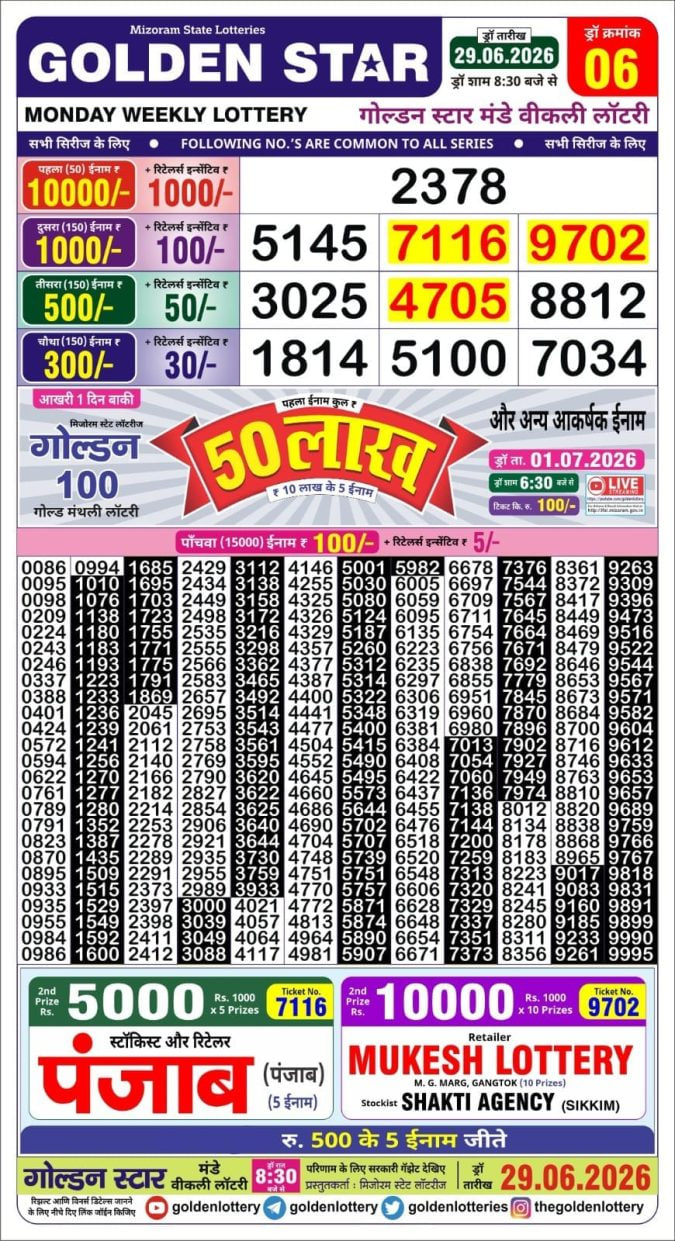 Golden-Star Weekly Lottery Result-8:30 pm