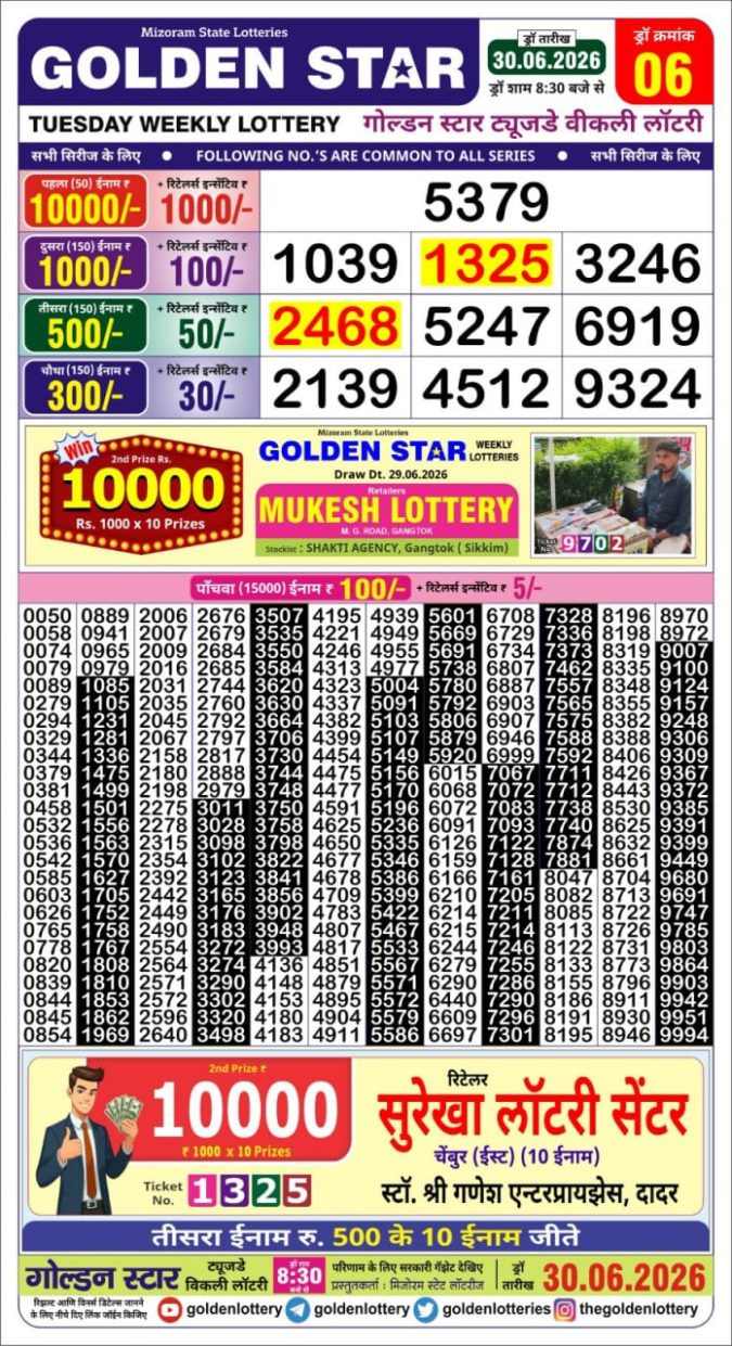 Golden-Star Weekly Lottery Result-8:30 pm