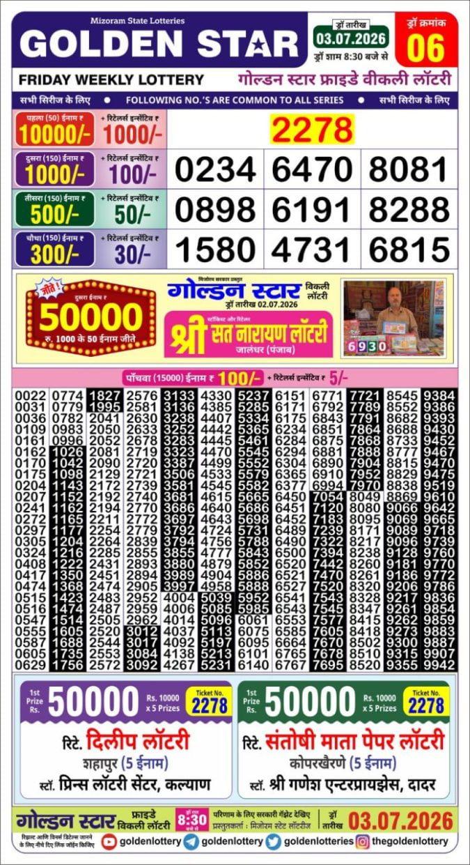 Golden-Star Weekly Lottery Result-8:30 pm