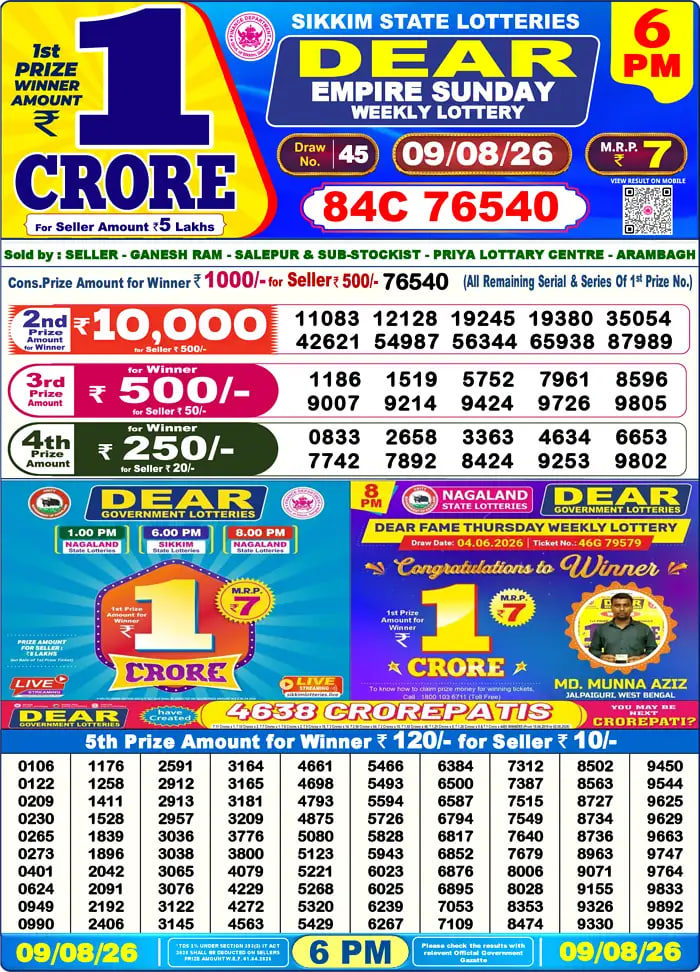 Dear Lottery Result 6&nbsp;PM – Live Draw Image