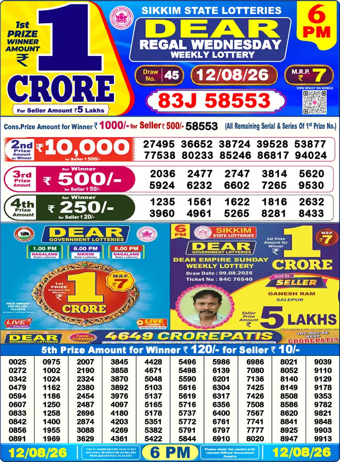 Dear Lottery Result 6&nbsp;PM – Live Draw Image