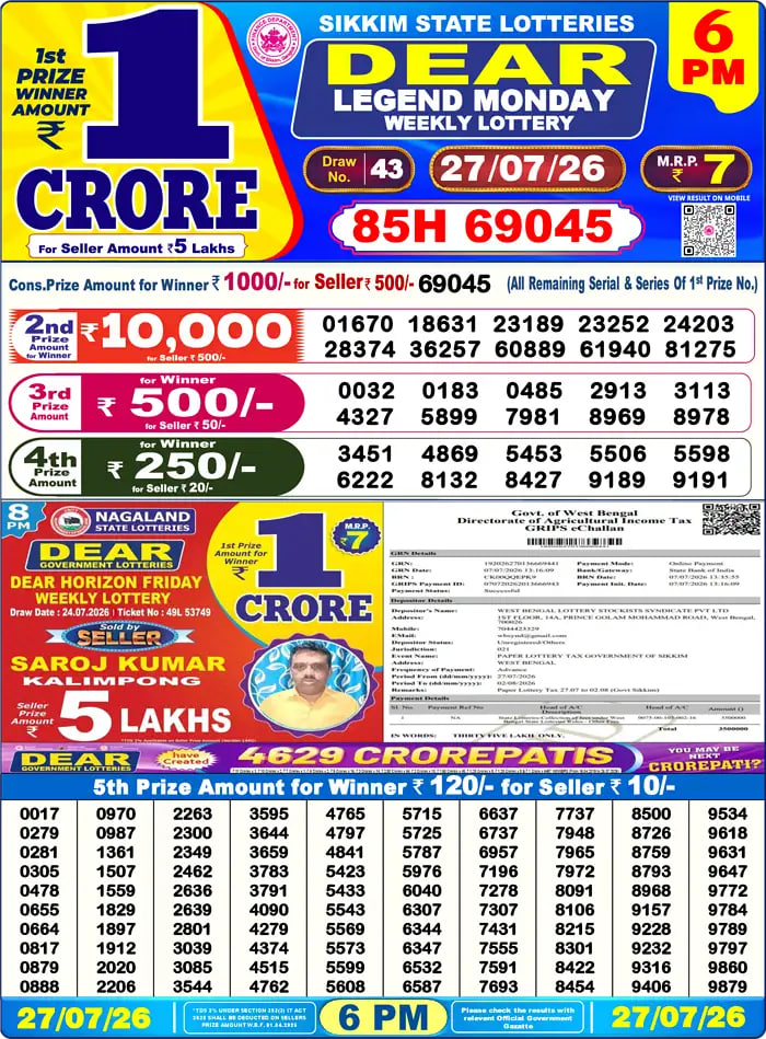 Dear Lottery Result 6&nbsp;PM – Live Draw Image