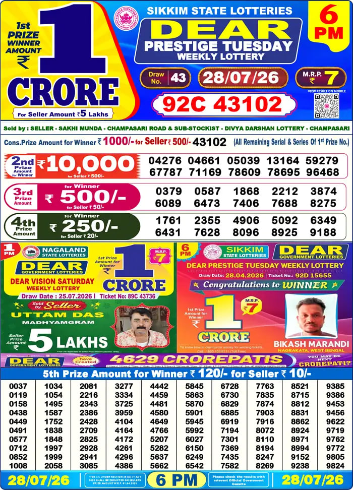 Dear Lottery Result 6&nbsp;PM – Live Draw Image