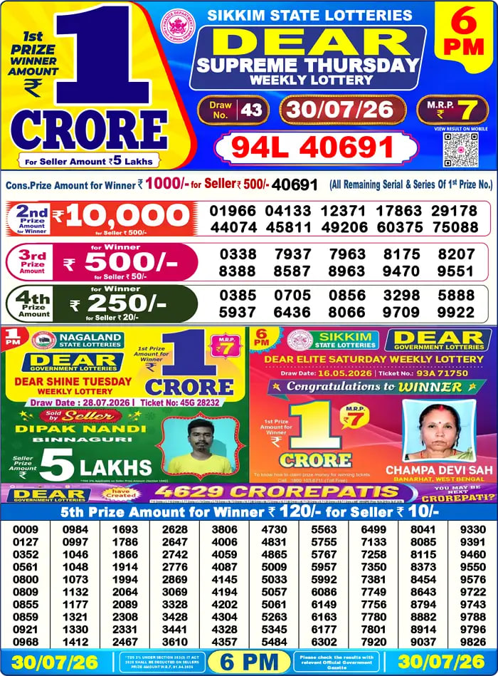 Dear Lottery6 PM Result