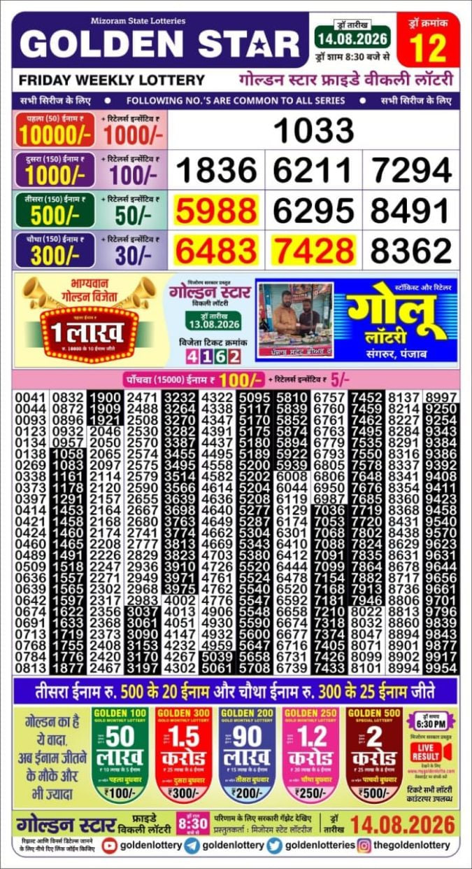Golden-Star Weekly Lottery Result-8:30 pm