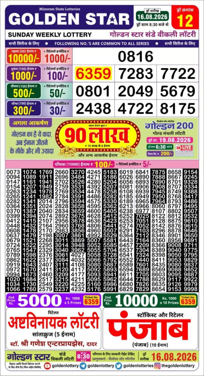 Golden-Star Weekly Lottery Result-8:30 pm
