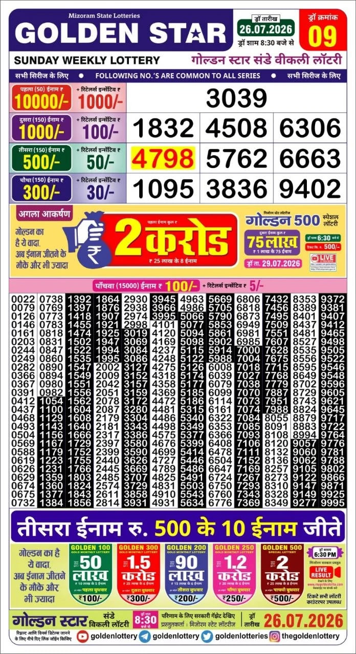 Golden-Star Weekly Lottery Result-8:30 pm