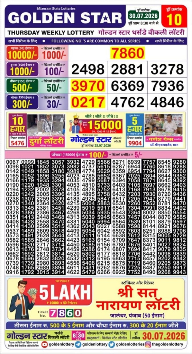 Golden-Star Weekly Lottery Result-8:30 pm