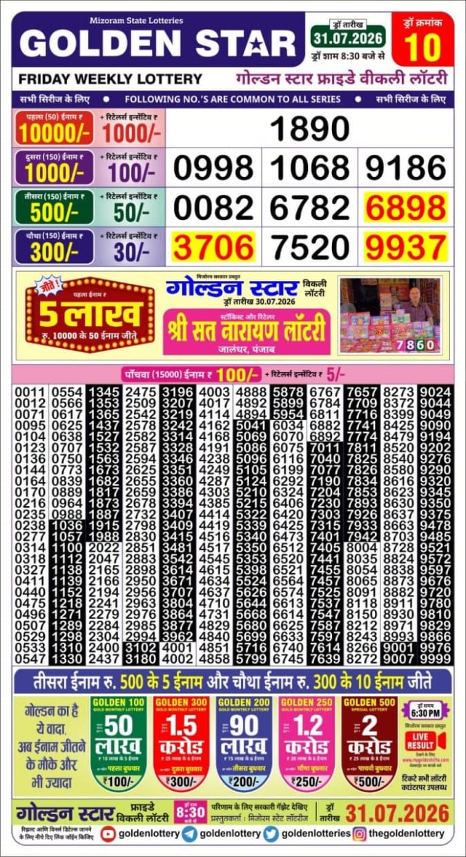 Golden-Star Weekly Lottery Result-8:30 pm