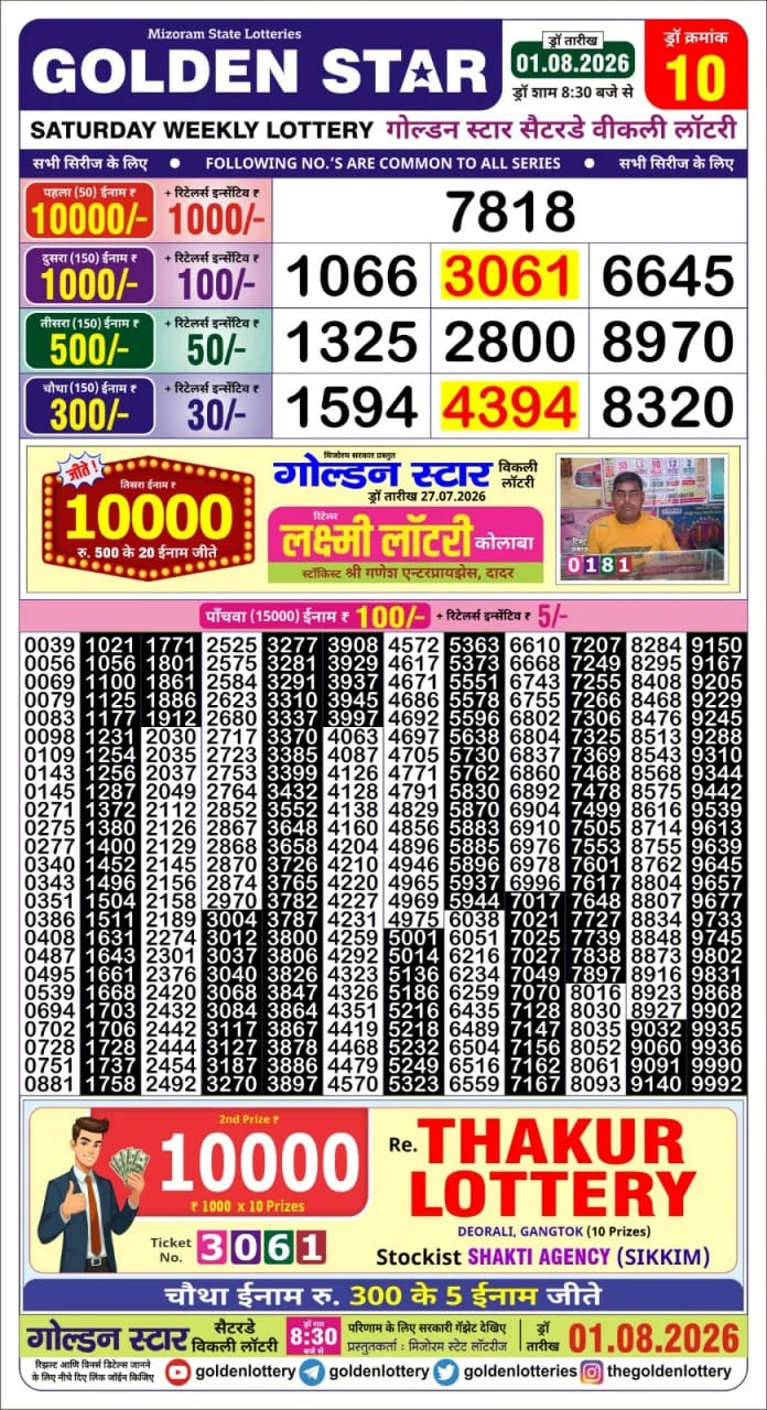 Golden-Star Weekly Lottery Result-8:30 pm
