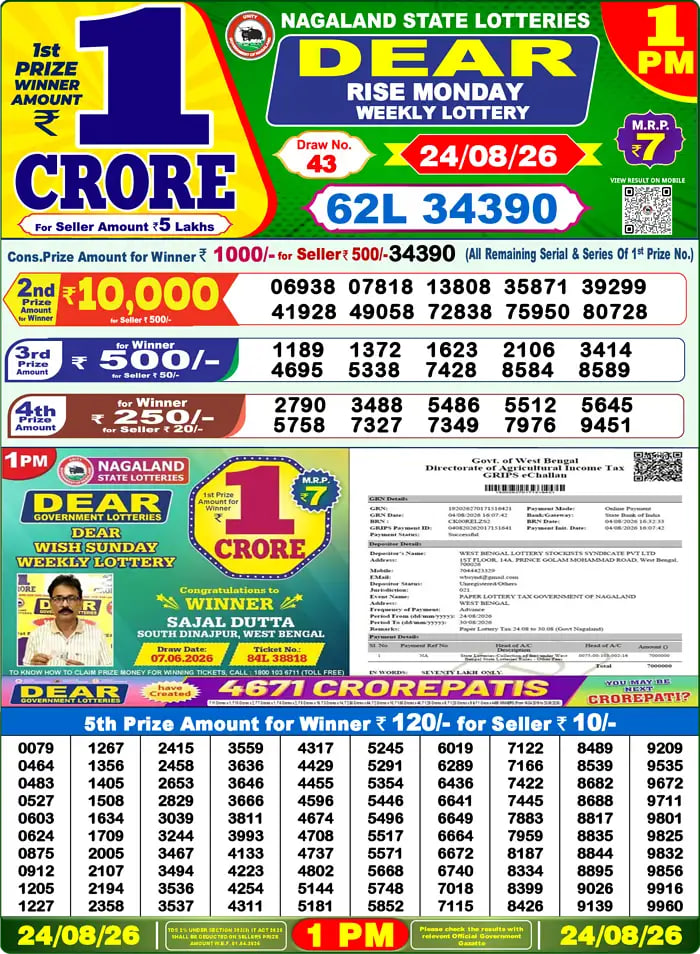 Dear Lottery 1 PM Result