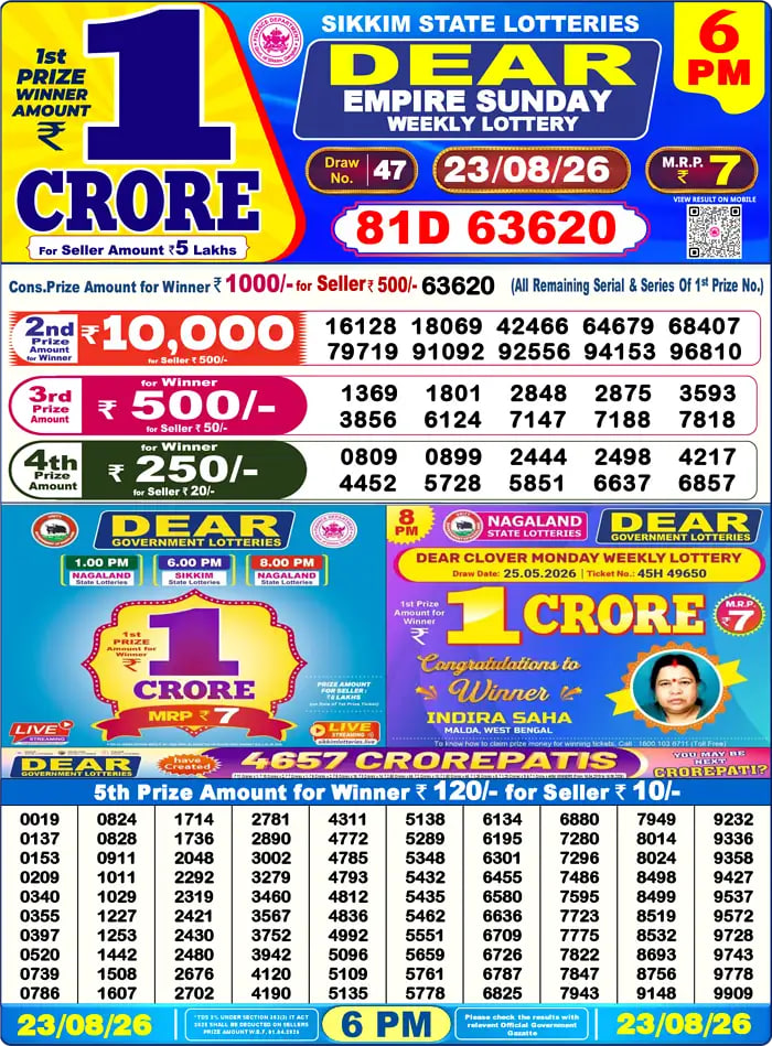 Dear Lottery Result 6&nbsp;PM – Live Draw Image