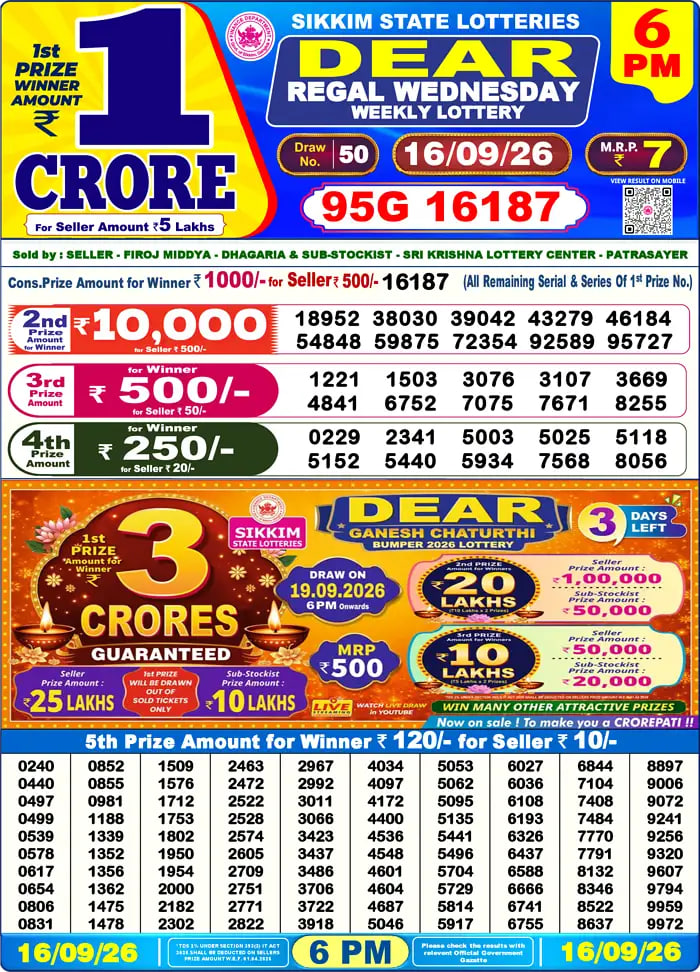 Dear Lottery Result 6&nbsp;PM – Live Draw Image