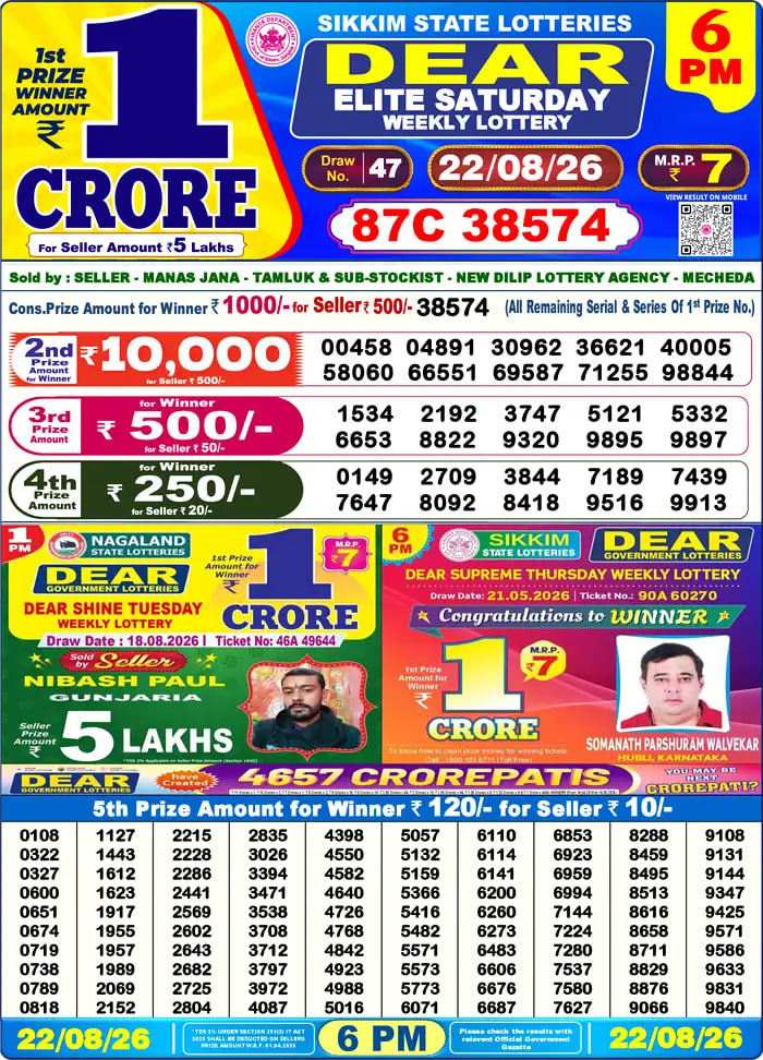 Dear Lottery Result 6&nbsp;PM – Live Draw Image