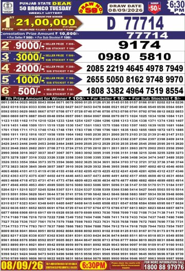 Punjab State Dear 50 6:30pm Lottery Result