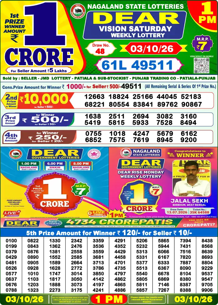 Dear Lottery Result 1&nbsp;PM – Live Draw Image