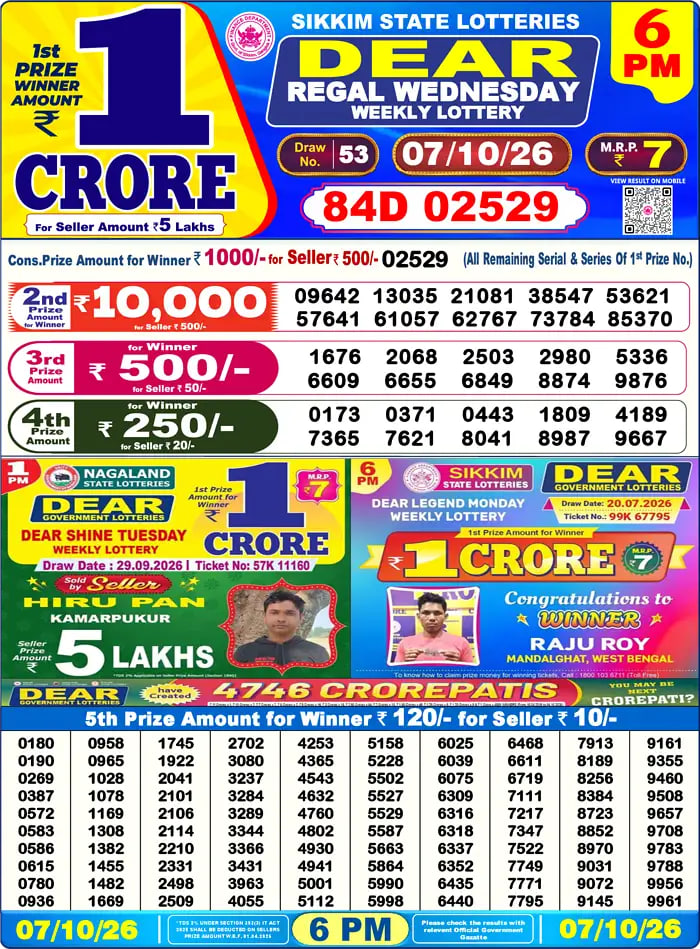 Dear Lottery Result 6&nbsp;PM – Live Draw Image