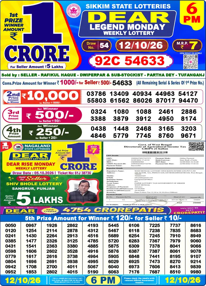 Dear Lottery6 PM Result