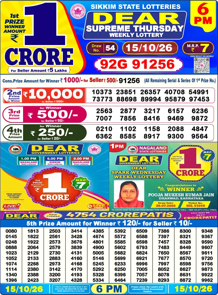 Dear Lottery Result 6&nbsp;PM – Live Draw Image