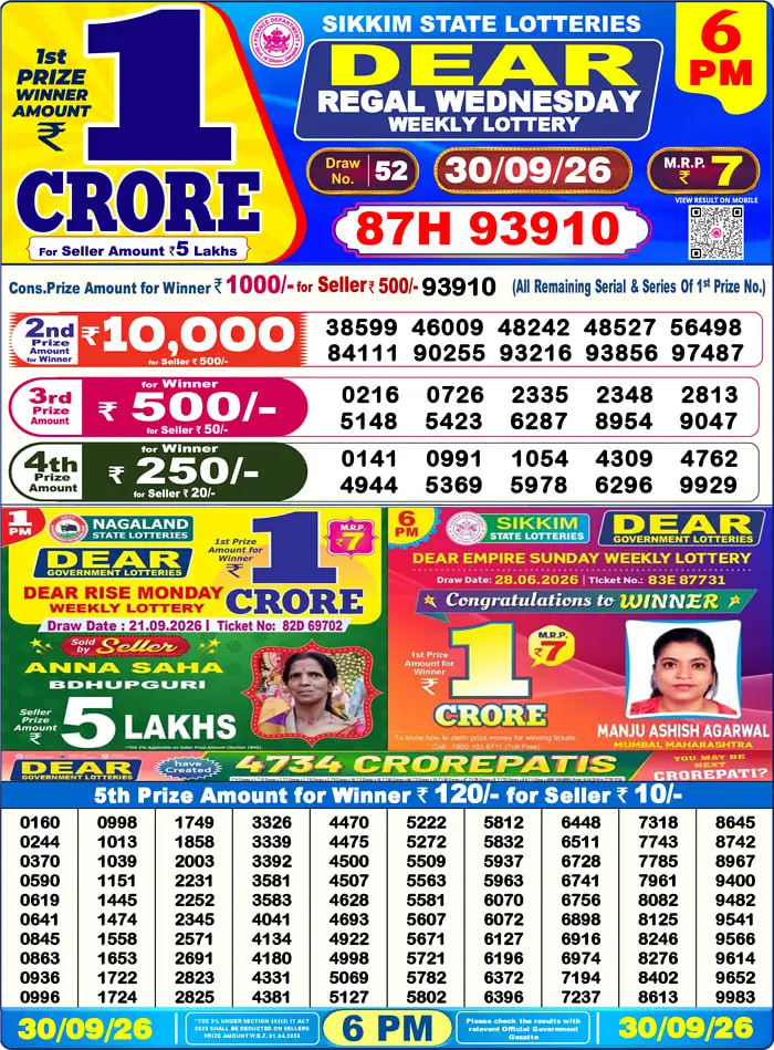 Dear Lottery Result 6&nbsp;PM – Live Draw Image