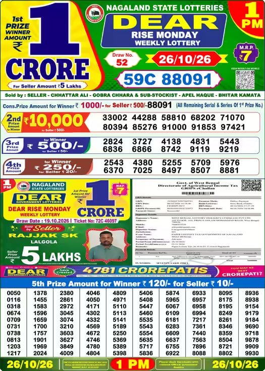 Dear Lottery Result 1&nbsp;PM – Live Draw Image