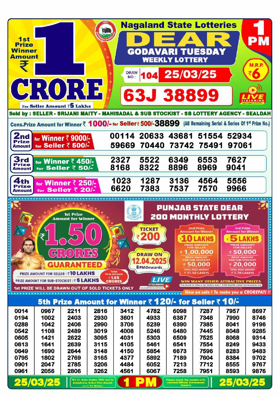 Lottery Sambad 1PM Result 23-03-2025