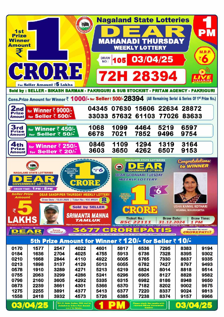 Lottery Sambad 1PM Result