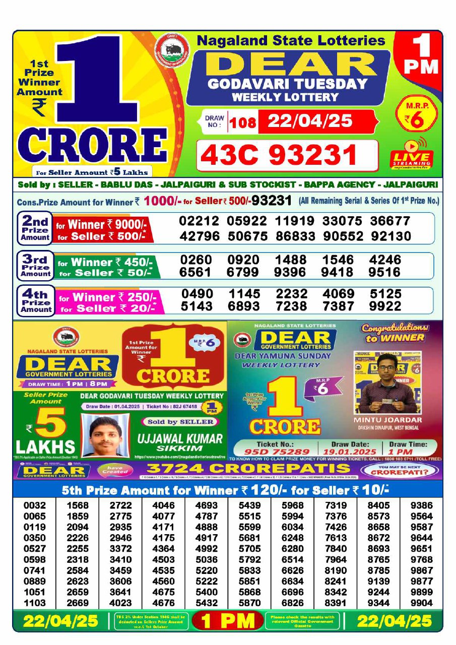 Dear Lottery 1PM Winning Result Image