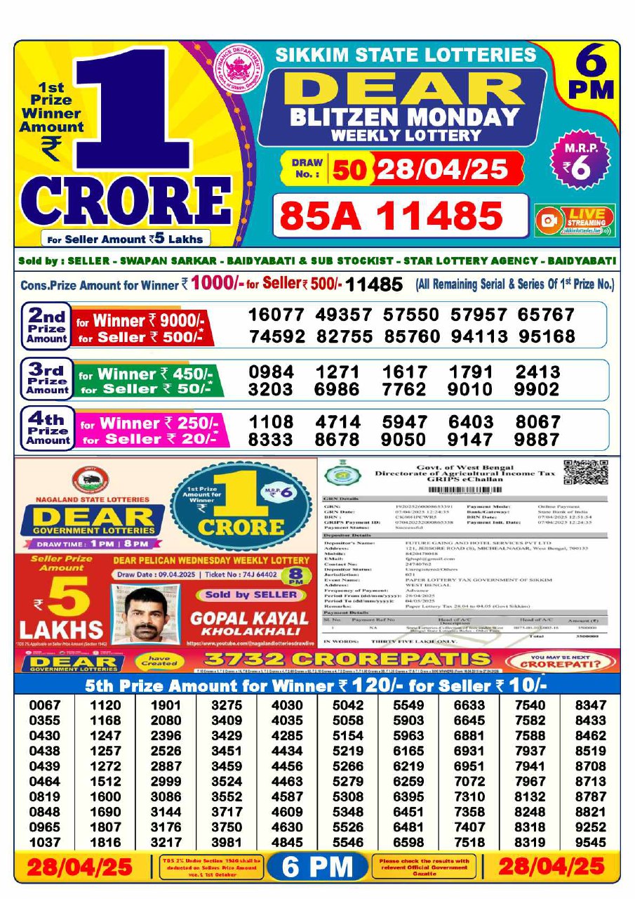 Dear Lottery 6 PM Result – Live Draw Image