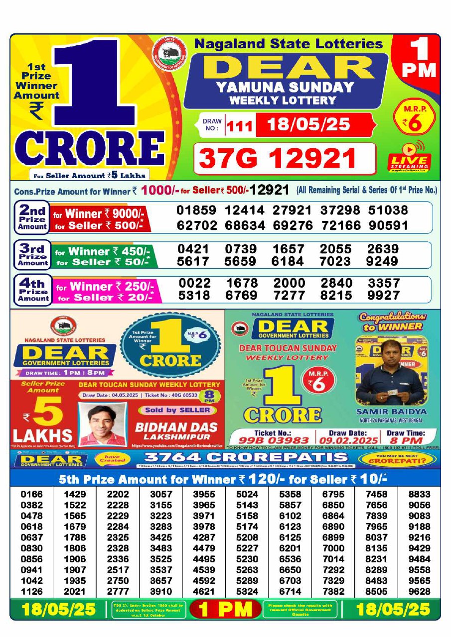 Dear Lottery 1 PM Result – Live Draw Image