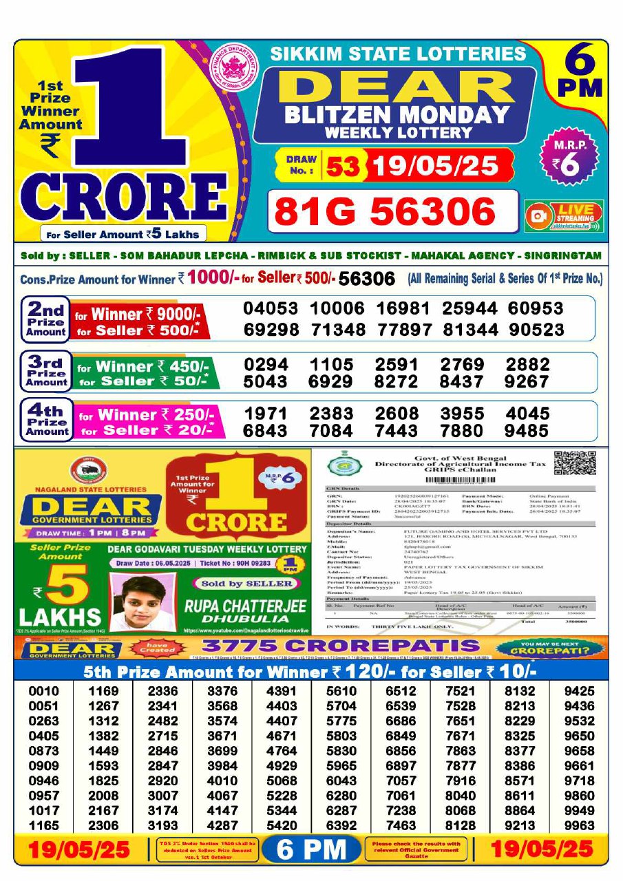 Dear Lottery 6 PM Result – Live Draw Image
