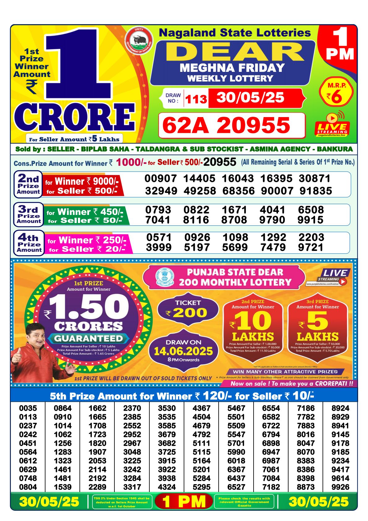 Dear Lottery 1 PM Result – Live Draw Image