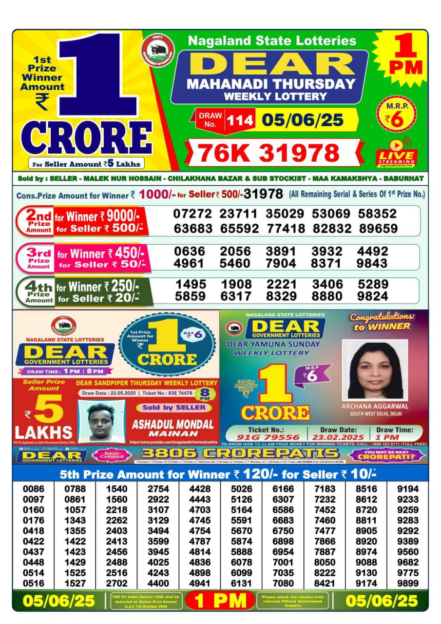 Dear Lottery 1 PM Result – Live Draw Image