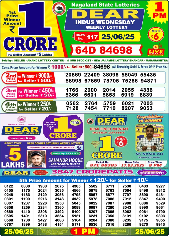 Dear Lottery 1 PM Result – Live Draw Image