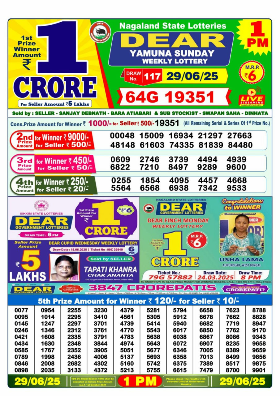 Dear Lottery 1 PM Result – Live Draw Image