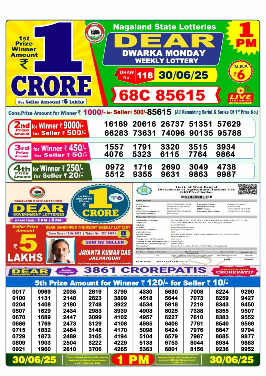 Dear Lottery Result 1 PM – Live Draw Image