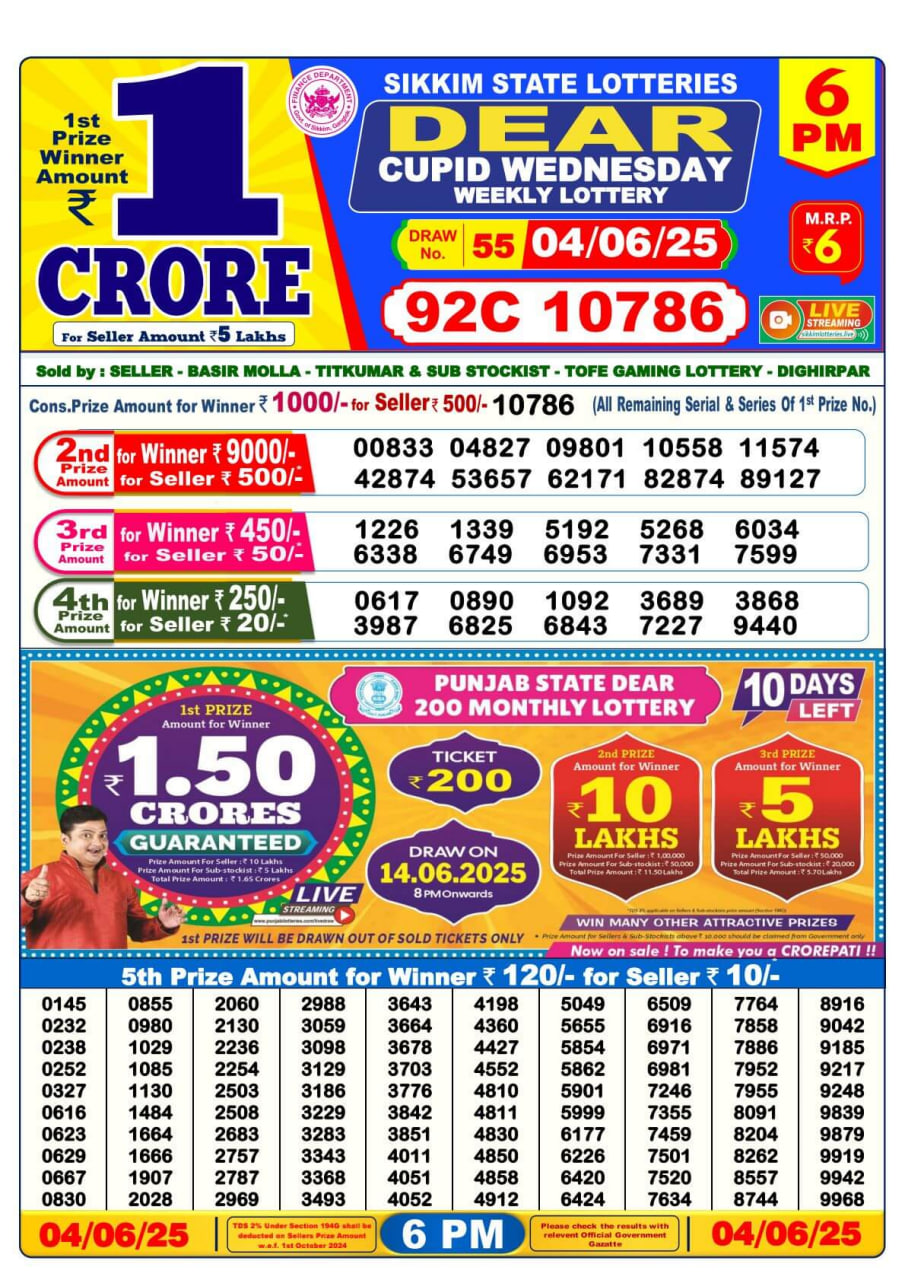 Dear Lottery 6 PM Result – Live Draw Image