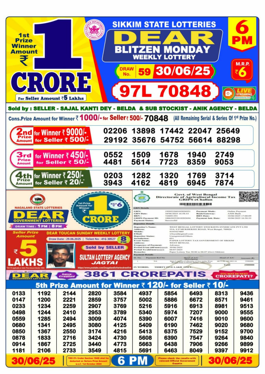 Dear Lottery Result 6 PM – Live Draw Image