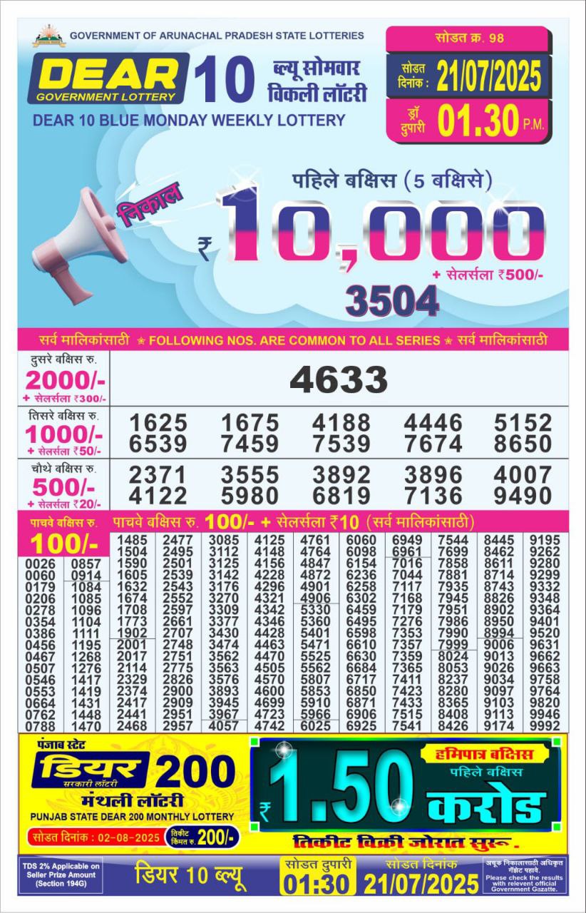 Dear 10 1.30 PM Lottery Result 26/03/25 - Nagaland State Lottery Sambad